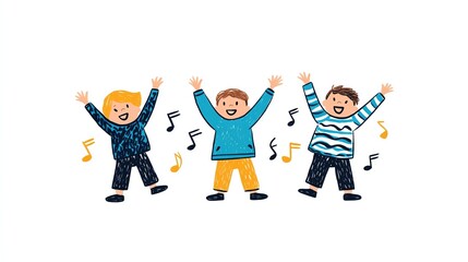 Children joyfully sing and dance together celebrating music and happiness in vibrant illustrations