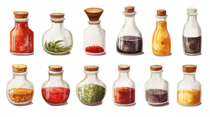 Watercolor Illustration of 12 Glass Bottles with Cork Stoppers, each filled with different ingredients, spices, and herbs, spices, herbs, cooking