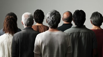Obraz premium Diverse group of people facing forward with backs turned to the viewer, on a simple background