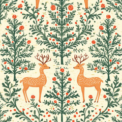 Whimsical reindeer pattern with festive greenery and berries