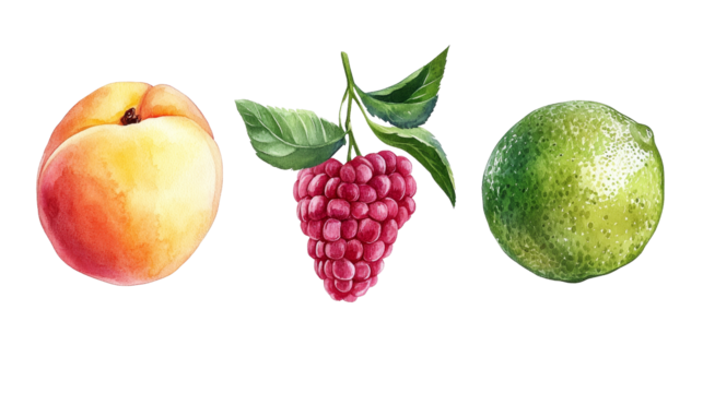 Watercolor Illustration of a Peach, Raspberry, and Lime, watercolor painting, fruit, digital art, illustration