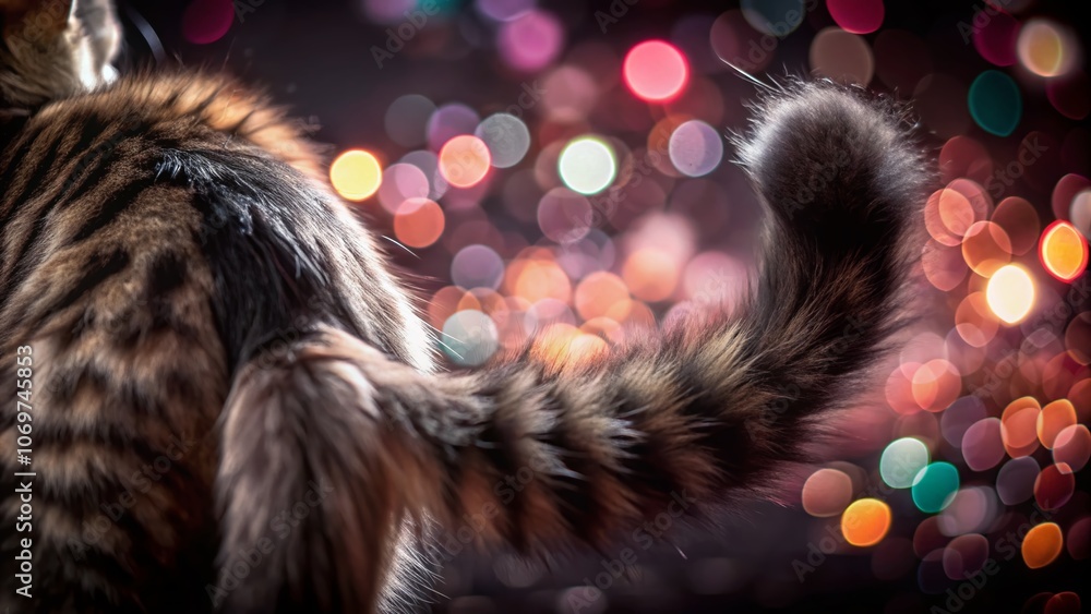 Poster enchanting bokeh effect capturing the graceful movement of a cat's tail in a soft focus background o