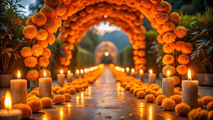 Fototapeta premium Enchanting Candlelit Pathway Adorned with Marigold Petals Leading Through a Floral Archway at Dusk, Perfect for Romantic and Nature-Inspired Themes