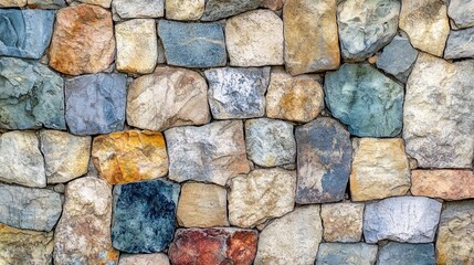 A fragment of a city wall made of natural stone of various colors and textures