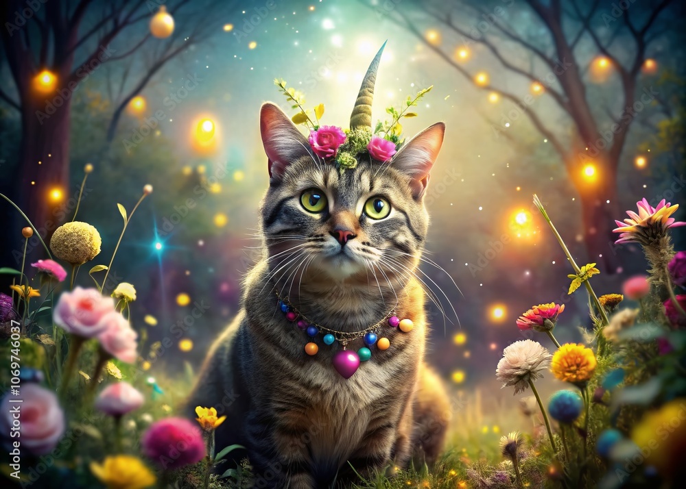 Aufkleber enchanting cat with a magical horn in a whimsical forest setting surrounded by sparkling lights and 