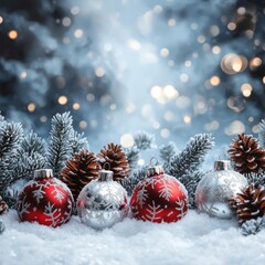 A christmas decoration with balls and snow on the background