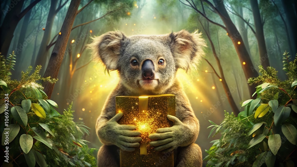 Poster Enchanting Double Exposure of a Koala Embracing a Golden Box Surrounded by Lush Eucalyptus Forests, Merging Nature and Whimsy in a Captivating Visual Experience