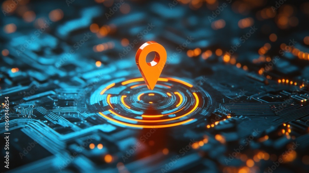 Aufkleber a digital representation of a location pin on a circuit board background.