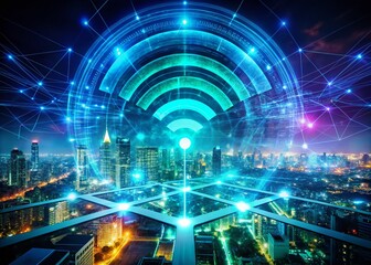 Fototapeta premium Enchanting Double Exposure of a Glowing WiFi Symbol Merging with a Futuristic Digital Landscape for Technology and Connectivity Representation