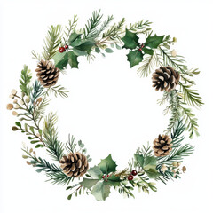 Fototapeta premium festive Christmas wreath with pinecones, holly, and greenery on white background, evoking sense of holiday cheer and natural beauty