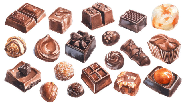 Watercolor Illustration of Assorted Chocolate Confections, chocolate, sweets