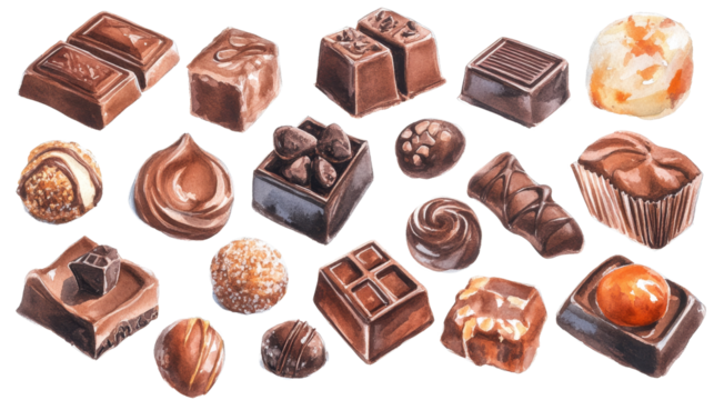 Watercolor Illustration of Assorted Chocolate Confections, chocolate, sweets