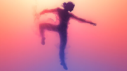 Naklejka premium A dynamic silhouette of a dancer against a gradient background of soft pink and purple hues, capturing the essence of movement and creativity.