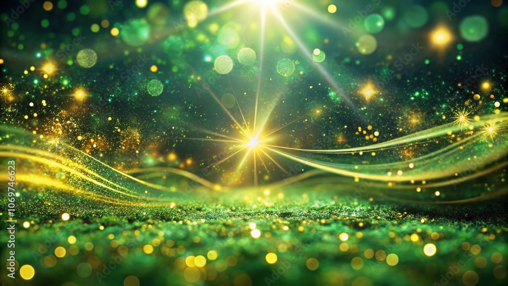 Poster enchanting green and gold sparkle rays with bokeh effect, elegant lens flare and abstract dust spark