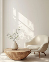 Scandinavian interior design of modern living room. Cozy armchair near wooden coffee table against window and blank wall with copy space