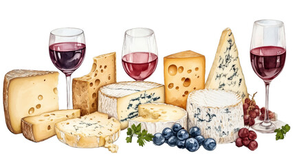 Watercolor Illustration of Cheese and Wine, Wine Tasting, Red Wine, Cheese Board ,wine, cheese