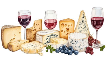 Watercolor Illustration of Cheese and Wine, Wine Tasting, Red Wine, Cheese Board ,wine, cheese