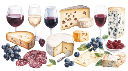 Watercolor Illustration of Cheese, Wine, and Grapes, gourmet ,appetizer