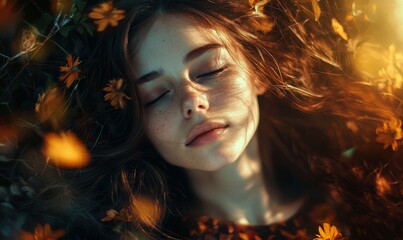 a young woman with her eyes closed, surrounded by flowers and leaves. The warm lighting creates a dreamy, serene, and peaceful atmosphere