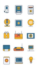 Collection of colorful technology icons on white background.