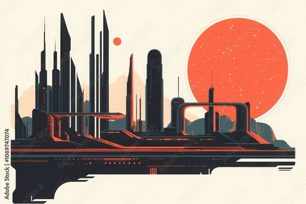 Poster futuristic cityscape with abstract architecture and a red sun in the background.
