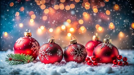 Enchanting Low Light Photography of Red Baubles and Snowflakes in a Snowy Christmas Wonderland for Festive Celebrations