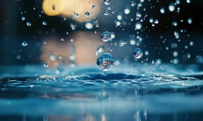  water droplets splashing on a surface, captured in mid-air. The focus is on the detailed droplets, with a blurred background, creating a serene and dynamic scene