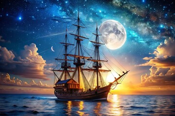 Fototapeta premium Enchanting Pirate Ship Sailing Under the Moonlight on a Starry Ocean Night – A Captivating Macro Photography Perspective