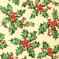 Festive Christmas pattern with red and green holly leaves and berries