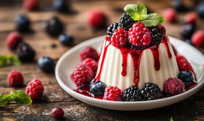 a plate of panna cotta topped with a variety of fresh berries, such as raspberries, blackberries, and blueberries. 