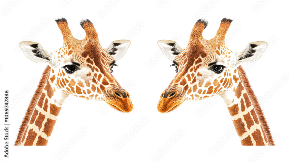 Poster two giraffe faces displayed against a transparent background generative ai