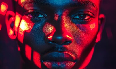 a close-up portrait of a man illuminated by vibrant colored lights, with red and blue hues creating an artistic, dramatic effect.