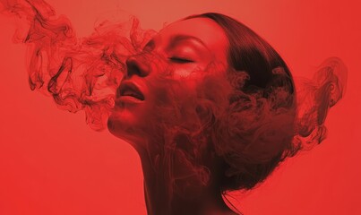 a portrait of a woman in red lighting, with smoke swirling around her face. The overall atmosphere is artistic and dramatic, conveying an ethereal and mysterious vibe.