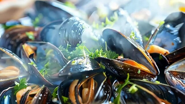 Freshly steamed mussels seasoned with parsley and lemon are served on a rustic plate. The dish is ready to be enjoyed as a delicious seafood meal