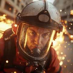 Fototapeta premium Firefighters extinguish a fire in the city at night. Firefighters fighting a fire.