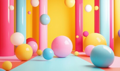  a colorful abstract scene with various spheres and columns in vibrant colors like pink, yellow, blue, and orange. The composition is playful and visually dynamic, creating a fun, surreal environment.