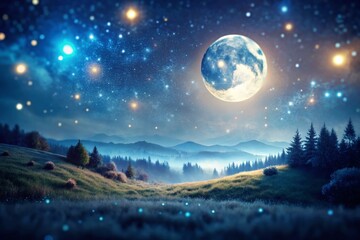 Fototapeta premium Enchanting Tilt-Shift Night Landscape Illustrating a Dreamy Scene with a Full Moon and Sparkling Stars, Perfect for Wallpaper and Serenity in Your Space