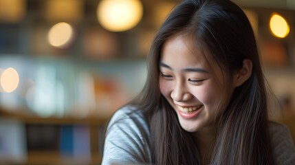 Fototapeta premium A young Asian woman smiles brightly while looking down at something.
