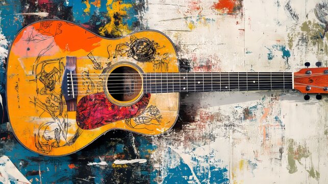 Poster Contemporary art collage Acoustic guitar with drawn elements on guitars body Creative musical expression Concept of concert and parties fusion of classic and modern art