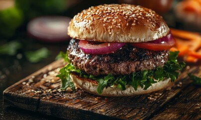 a close-up of a juicy hamburger with a sesame seed bun, beef patty, lettuce, onion, and tomato, placed on a rustic wooden board. The burger looks fresh and appetizing.