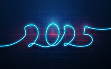 Happy new year 2025 neon blue light lines background