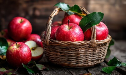  a basket filled with red apples, surrounded by a few additional apples and apple slices. The apples are fresh, vibrant, and have green leaves attached, set on a rustic wooden surface.