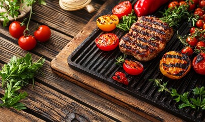 a grilled hamburger patty and various vegetables, such as tomatoes, peppers, and greens, on a grill, placed on a rustic wooden surface.