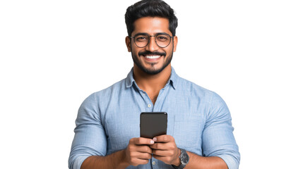 A smiling man with glasses and a beard holds a smartphone while standing against a plain background. He is wearing a light blue shirt.