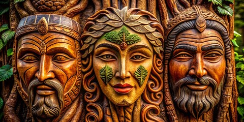 Fototapeta premium Enigmatic Ancient Faces Carved into Trees, Capturing the Mystique of Nature's Artistry in a Transparent Background, Perfect for Mystical Themes and Ecological Exploration