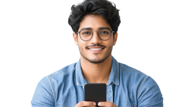 A person in glasses and a denim shirt smiling while holding a smartphone, with a plain white background.