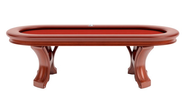A beautifully crafted wooden poker table with a red felt surface, ideal for hosting card games and friendly gatherings in style and comfort.