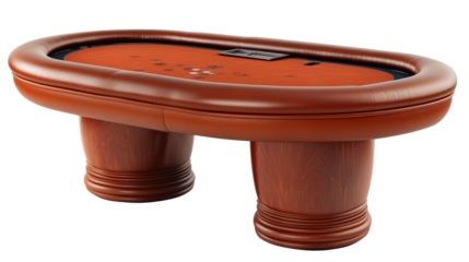 A luxurious brown poker table with a felt surface and cup holders, designed for elegant casino or home game play.