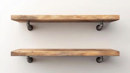 Fototapeta premium Two wooden shelves with metal pipe brackets are mounted on a light-colored wall, offering a minimalist and industrial design aesthetic for storage or display.