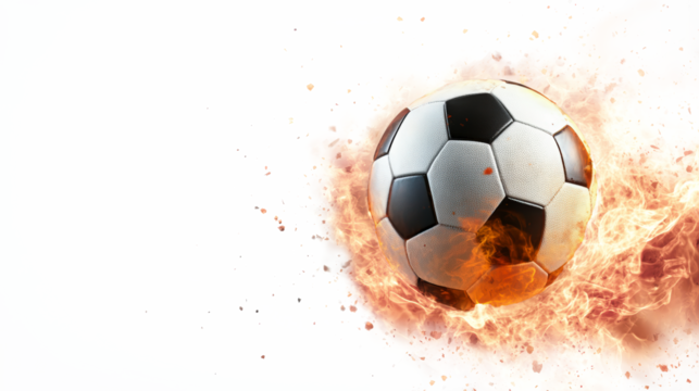 A soccer ball surrounded by fiery flames, creating a dynamic sense of motion and energy against a plain white background.